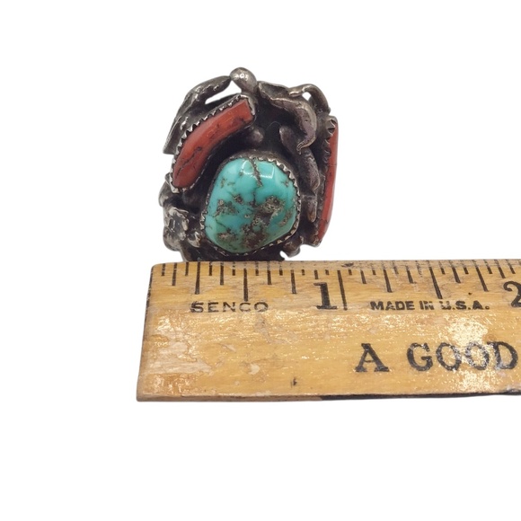Sz 7, Vintage Ring, Turquoise Coral Sterling Silver Statement Ring - Picture 12 of 16